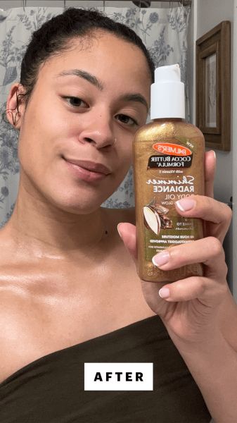 Roy after applying the Palmers Cocoa Butter Formula Shimmer Radiance Body Oil