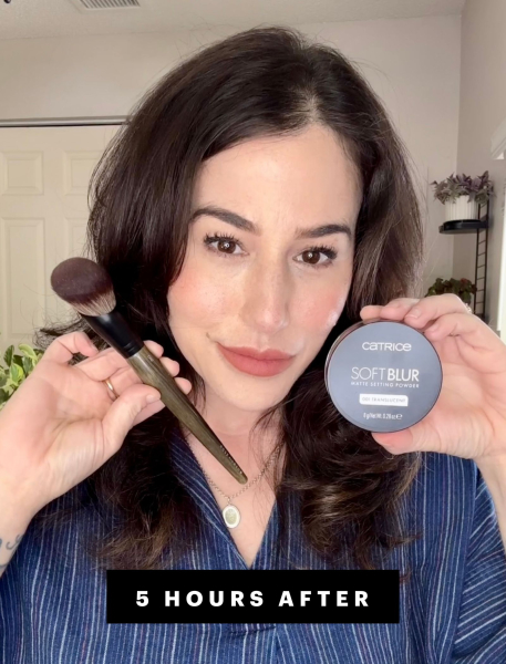 Robin holding up a Rose Ben Beauty brush and Catrice loose setting powder five hours after application